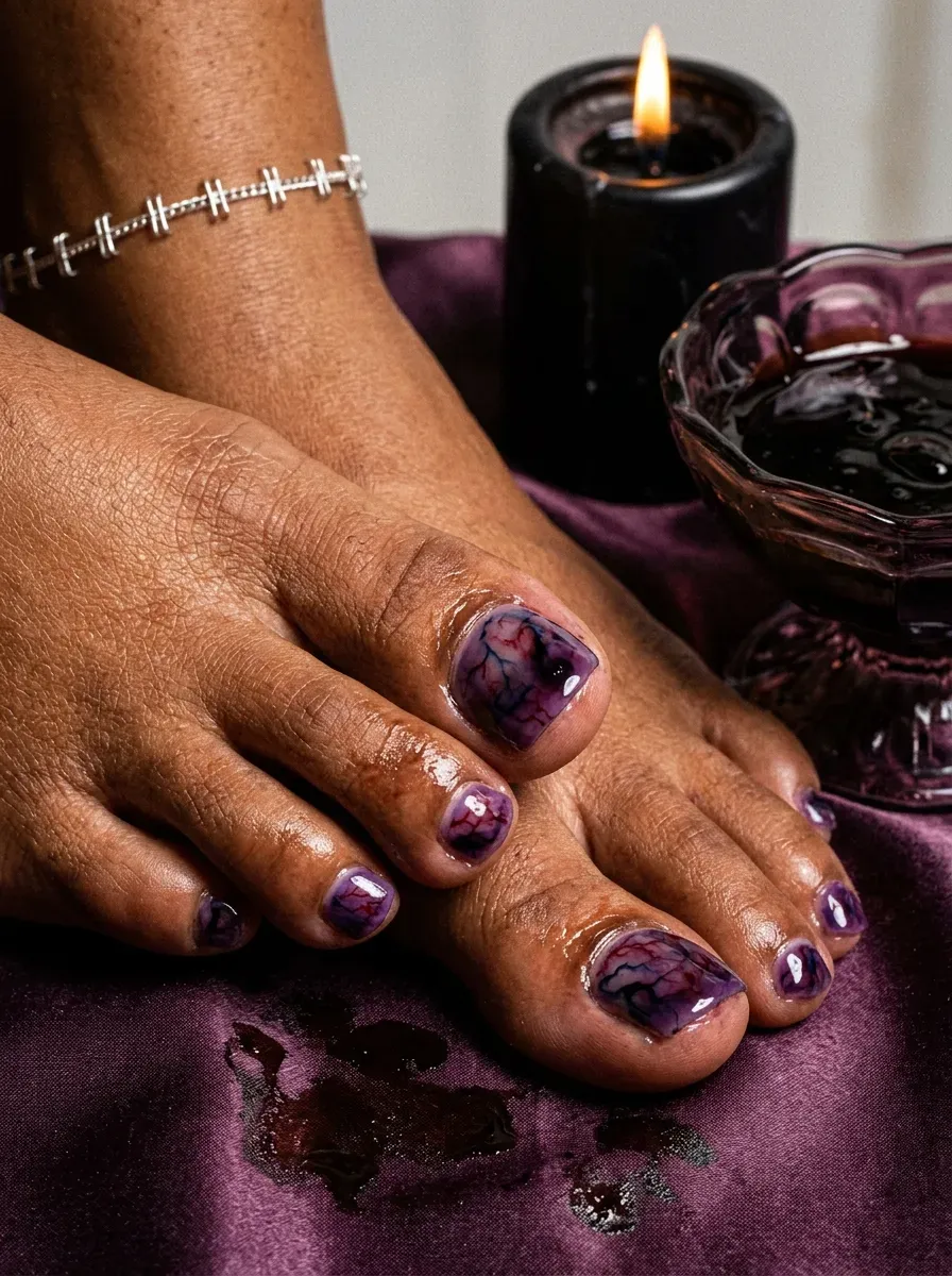 Translucent purple jelly polish on short toenails with warm brown skin