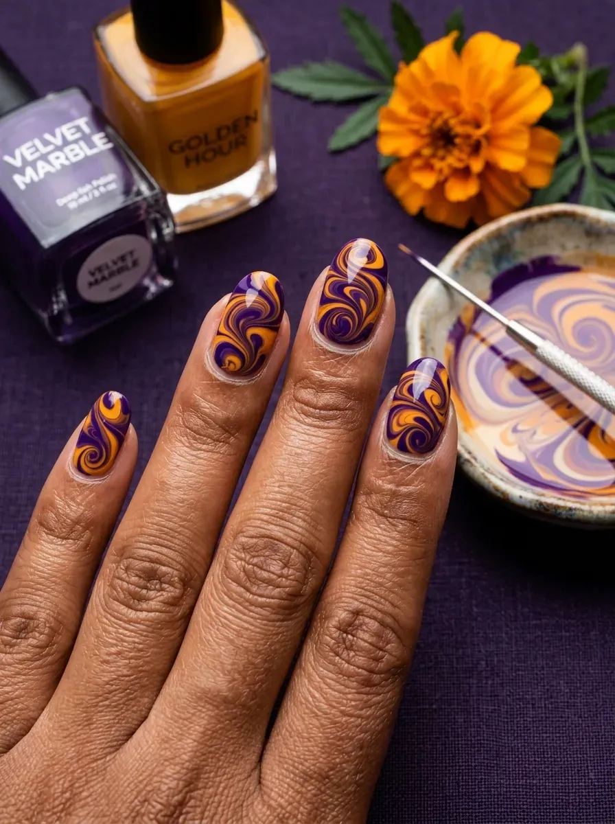 Nails with a marbled swirl pattern combining deep purple and marigold orange on warm brown skin