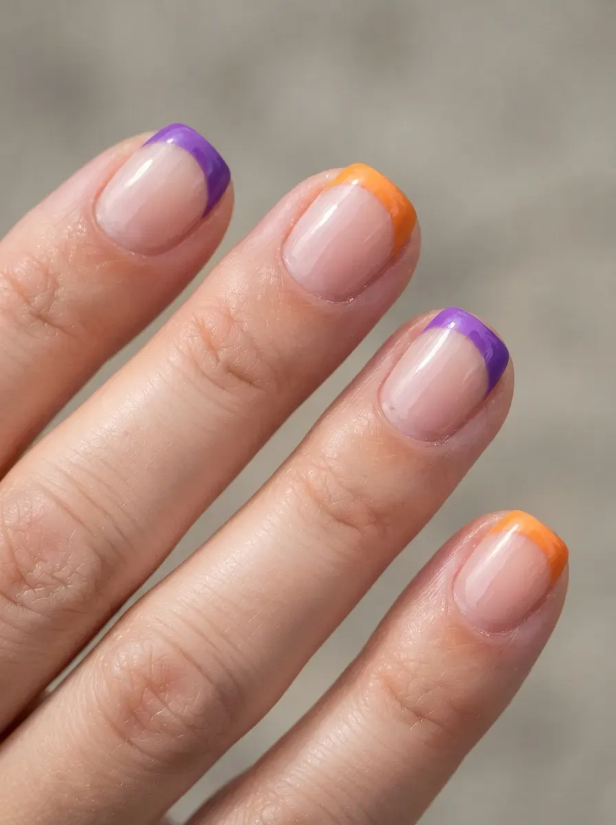 Short nails with alternating purple and orange French tips for Summerween