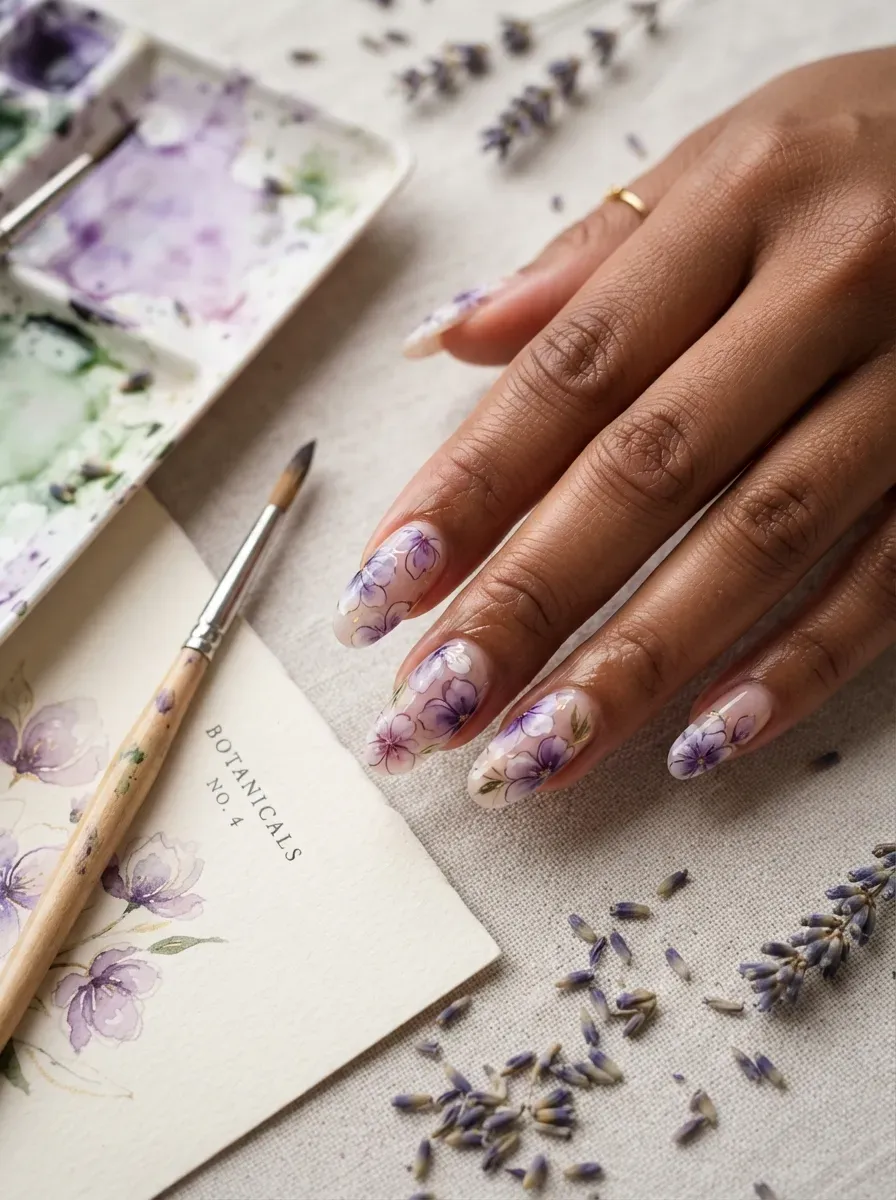 Sheer nails with translucent lavender and purple watercolor flower designs