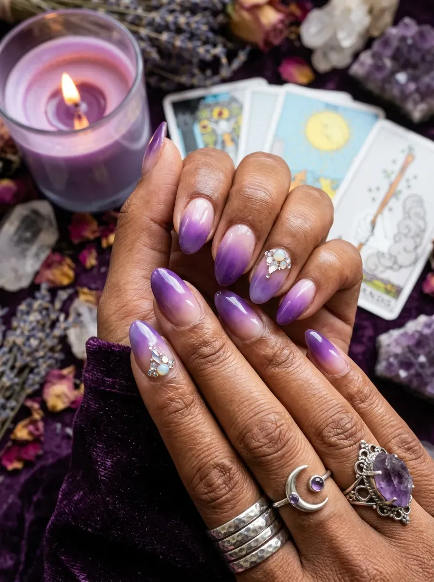 Purple aura gradient nails with mystical Halloween colors
