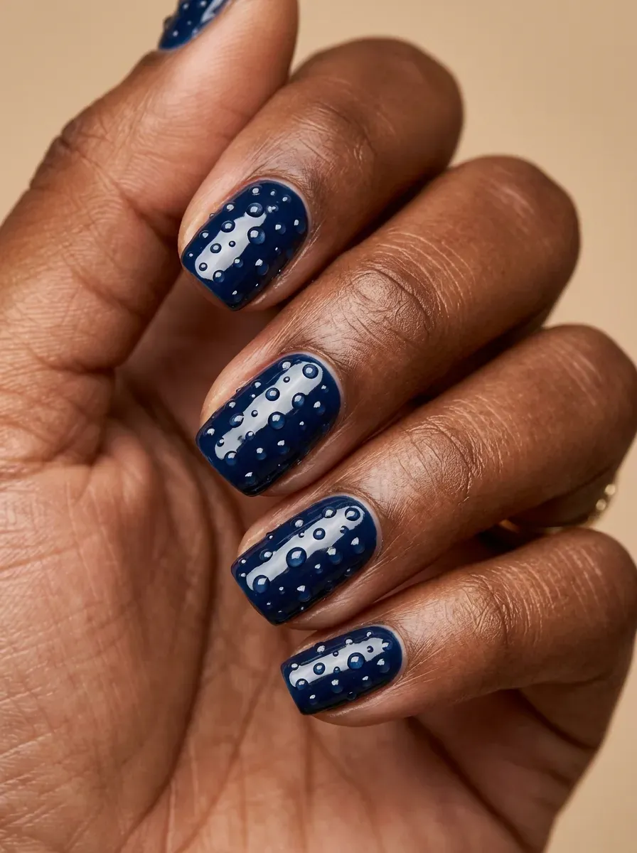 Nails with a dewy raindrop texture effect over glossy polish