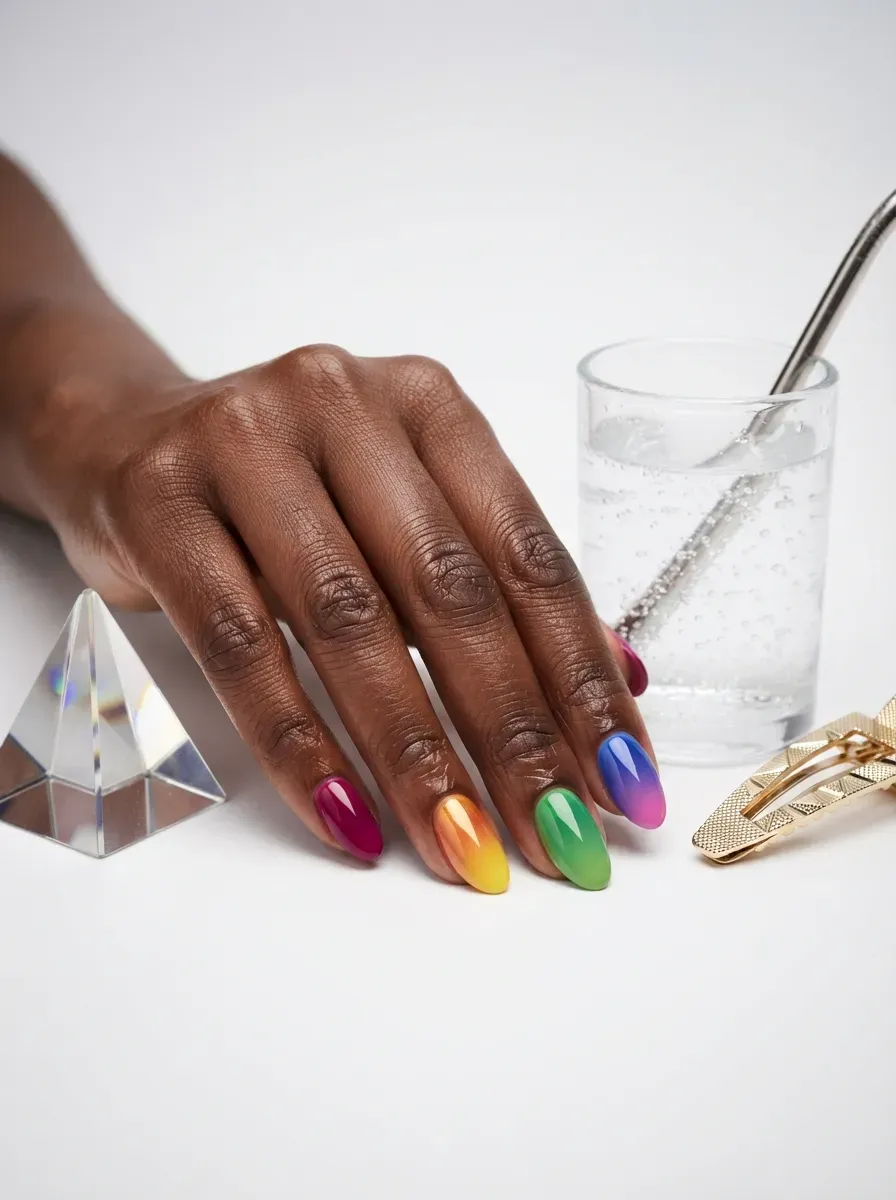 Close-up of rainbow metallic chrome ombre nail gradient on deep brown skin