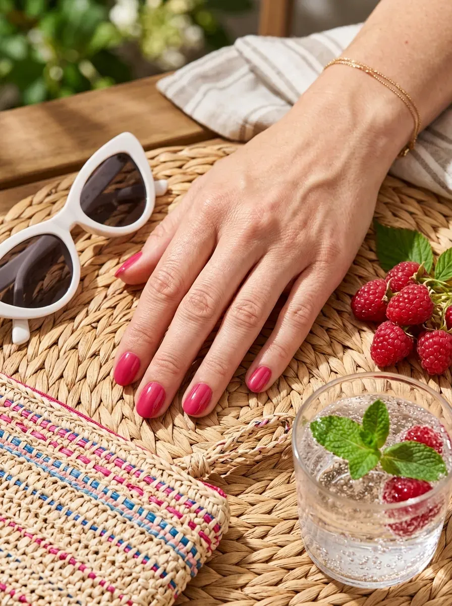 Short oval nails painted with vivid raspberry pink cream polish