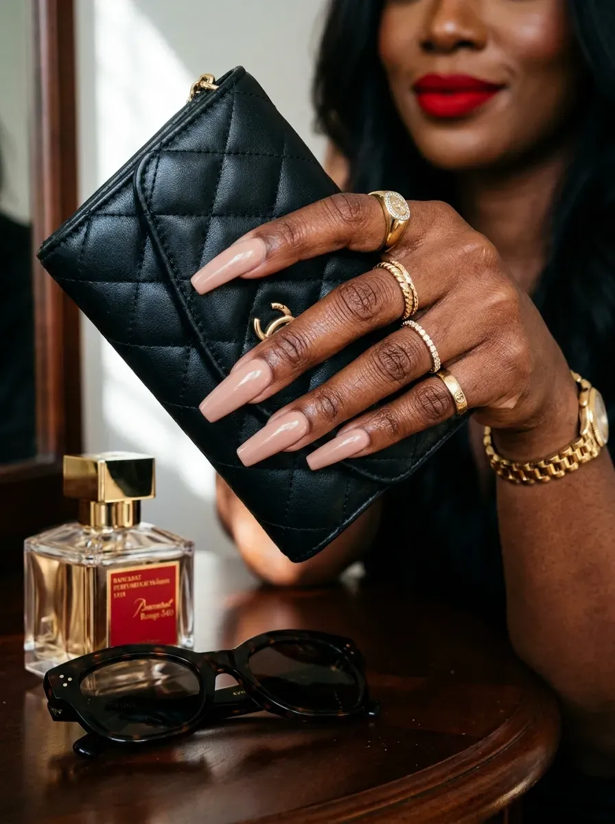 Long nude coffin nails with glossy red undersides on deep brown skin