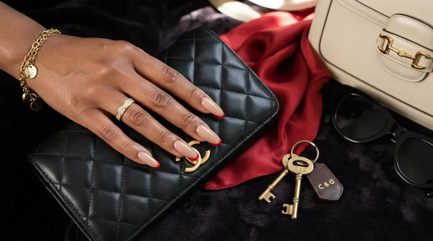 Long nude coffin nails with glossy red polish underneath each tip
