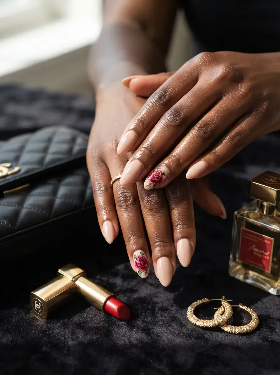 Glossy nude nails with detailed red rose accent art on dark skin