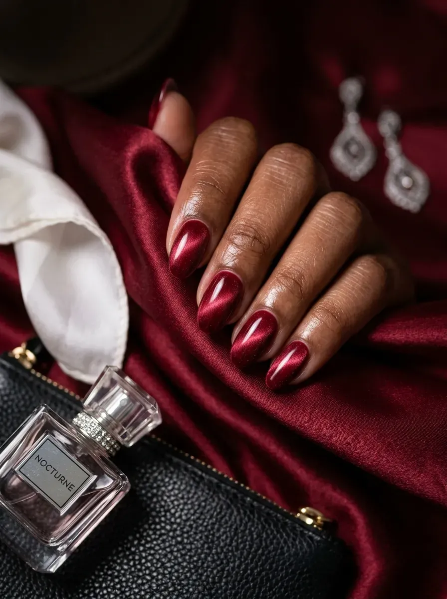Red velvet cat-eye nails glowing on deep brown skin with evening accessories