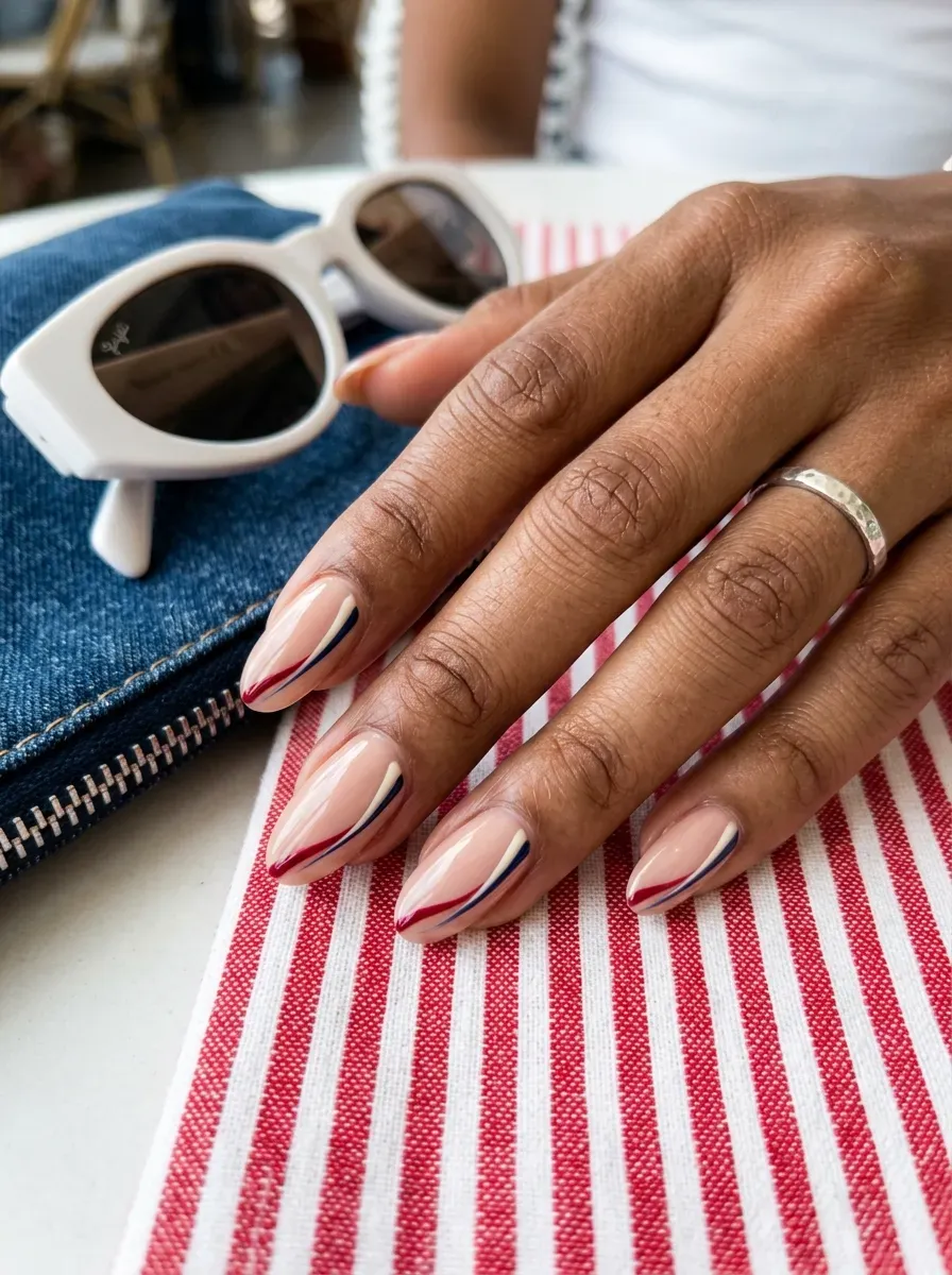 Nude nails with red white and blue diagonal side accents