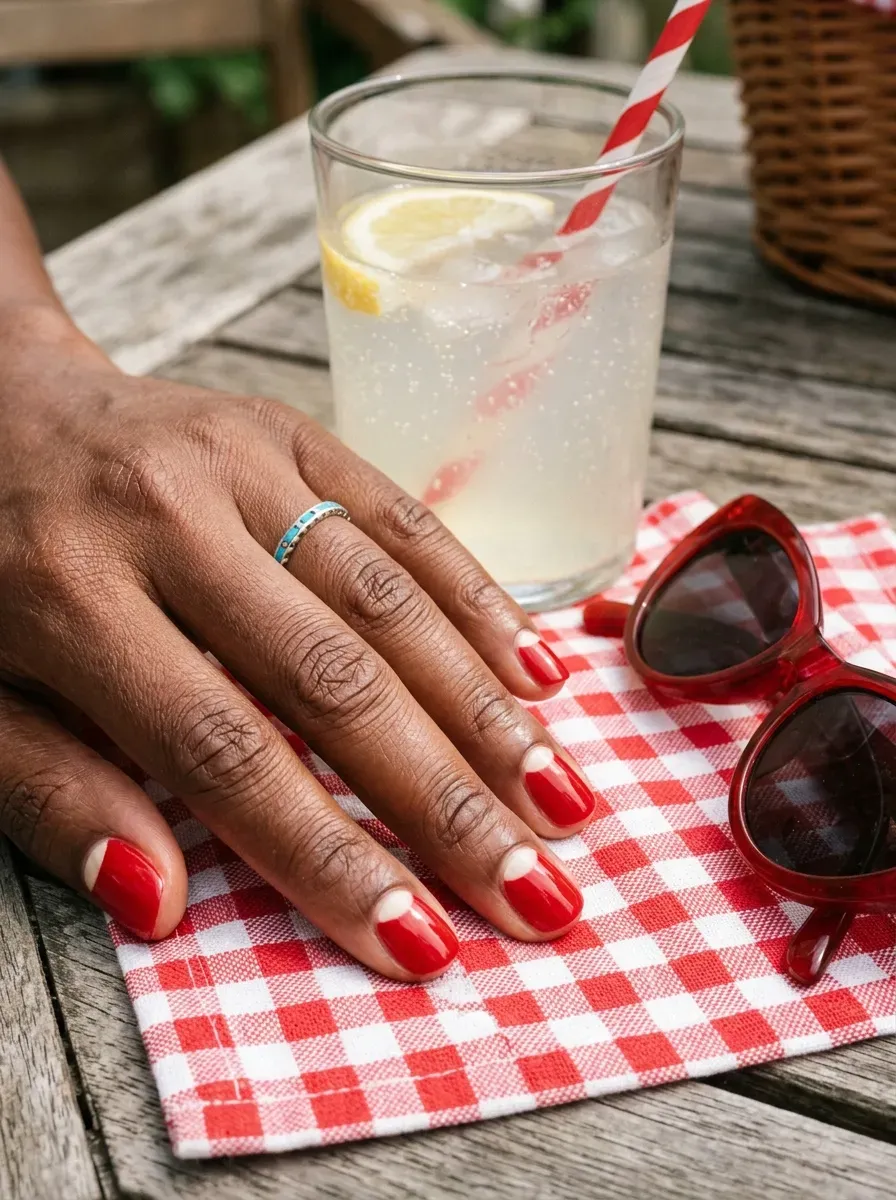 Short red nails with small white half moons on deep chestnut skin