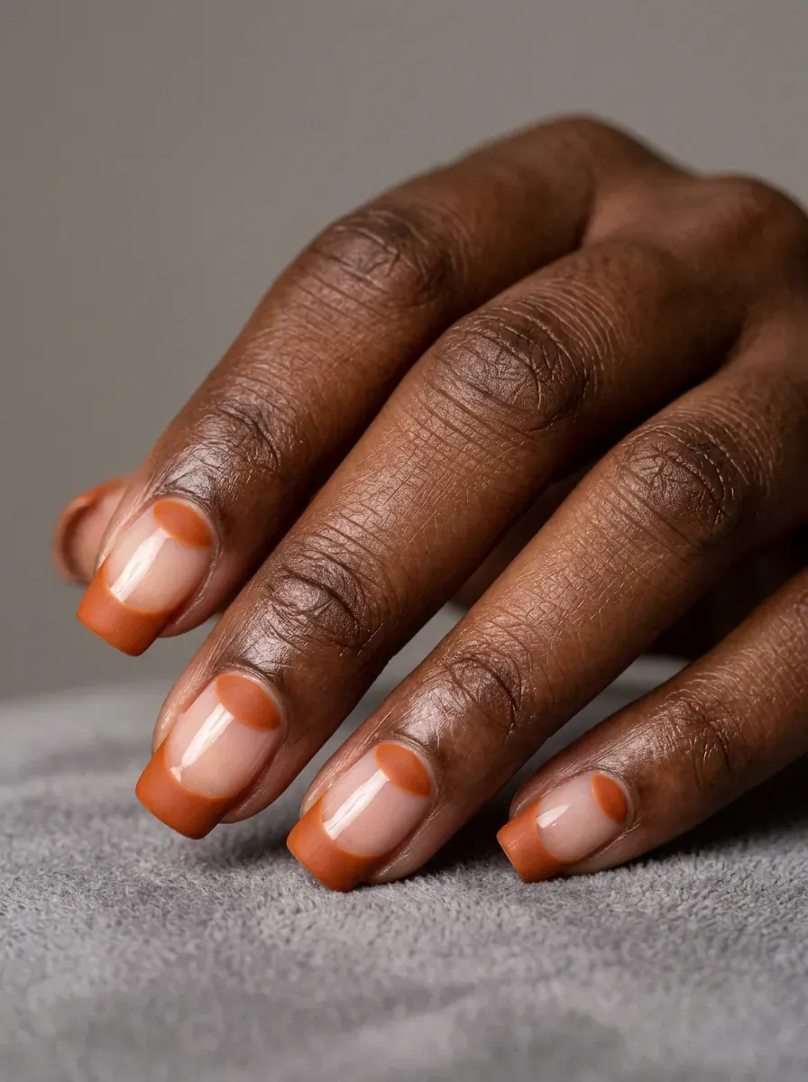 Reverse French manicure with burnt orange color at the cuticle