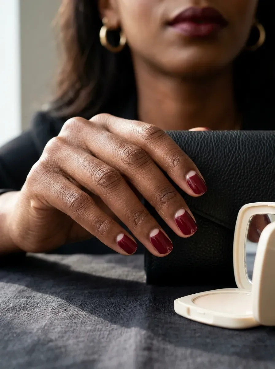 Short burgundy nails with simple nude half moons near the cuticles