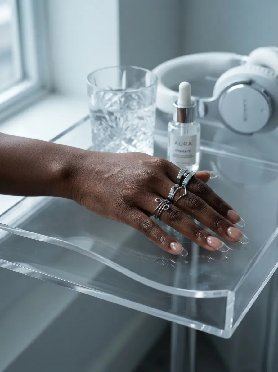 Glossy nude nails with curved white half moons positioned neatly at each cuticle