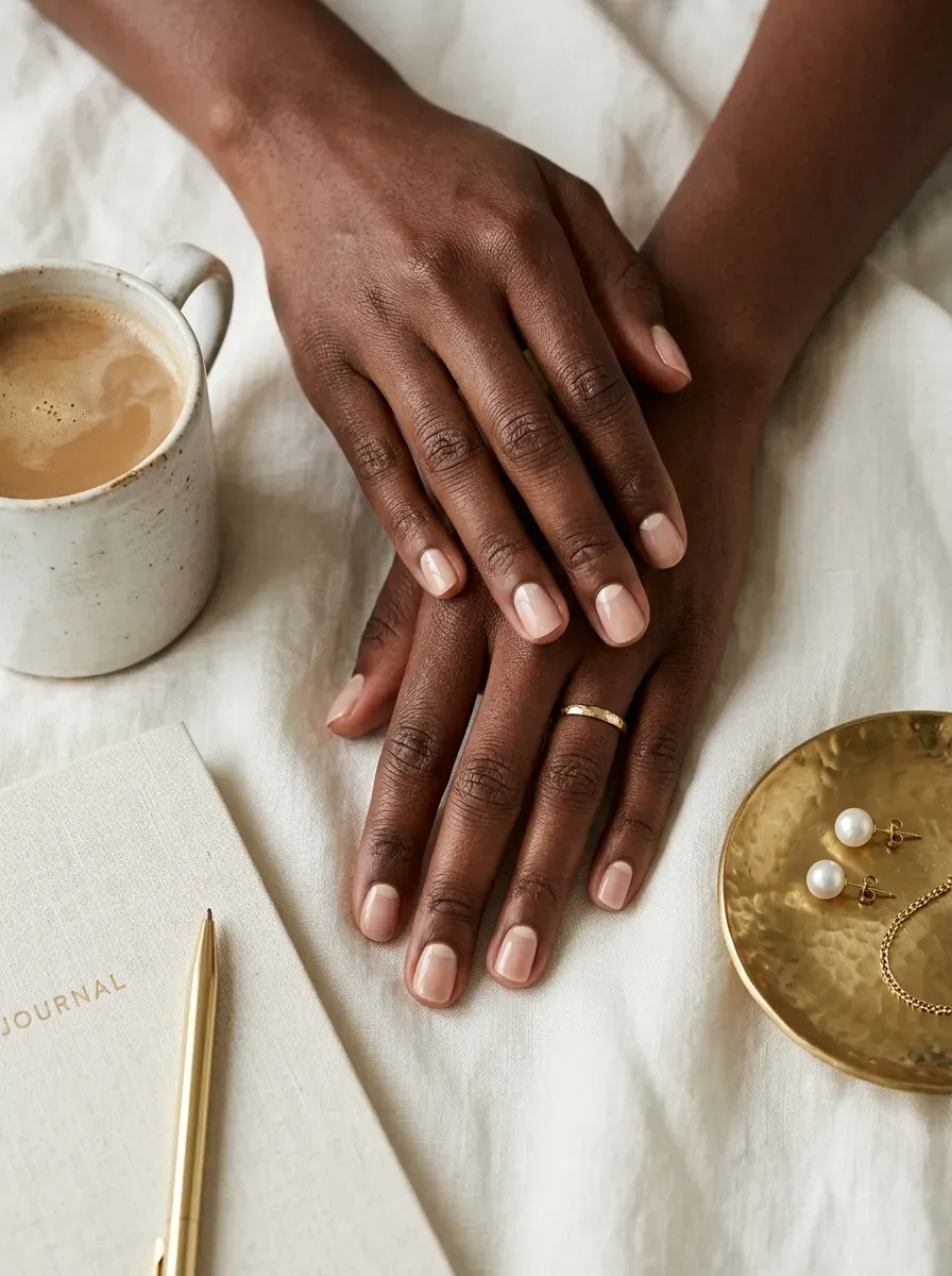 Sheer nude nails with subtle beige half moon detail at cuticles