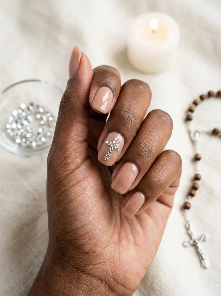 Nude nails with a small rhinestone cross design on the accent nail on deep brown skin
