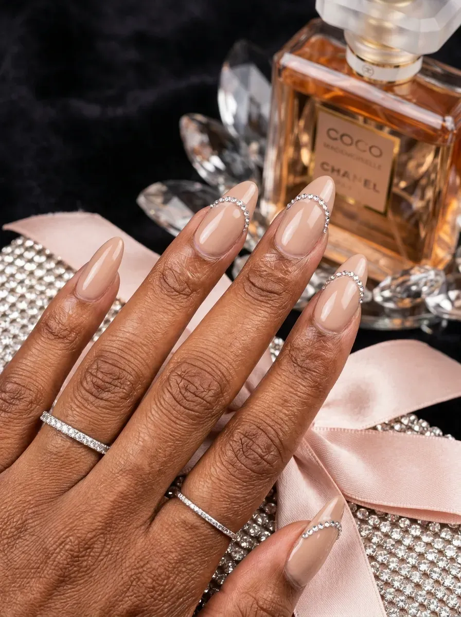 Tiny rhinestones tracing French smile lines on long nude almond nails