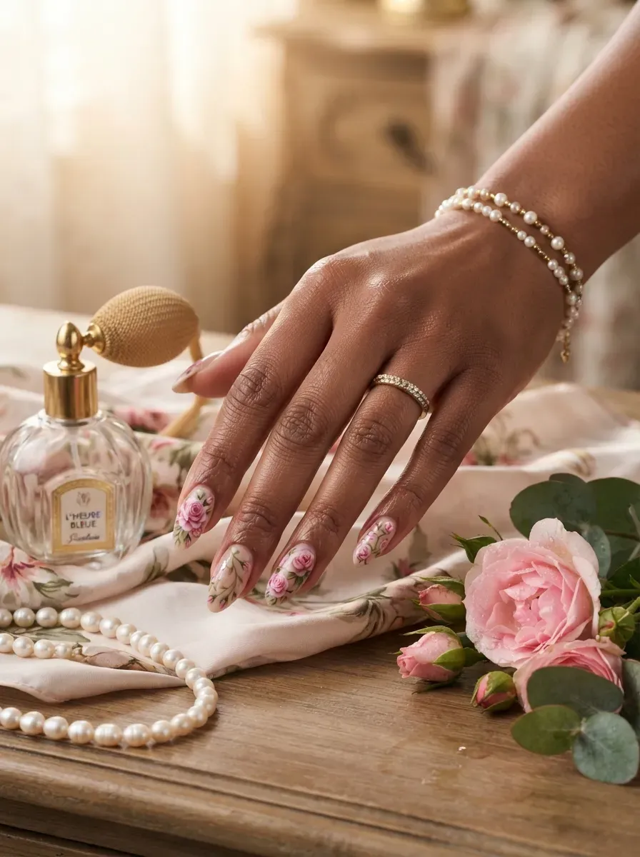 Hand-painted pink roses flowing across an entire almond nail manicure