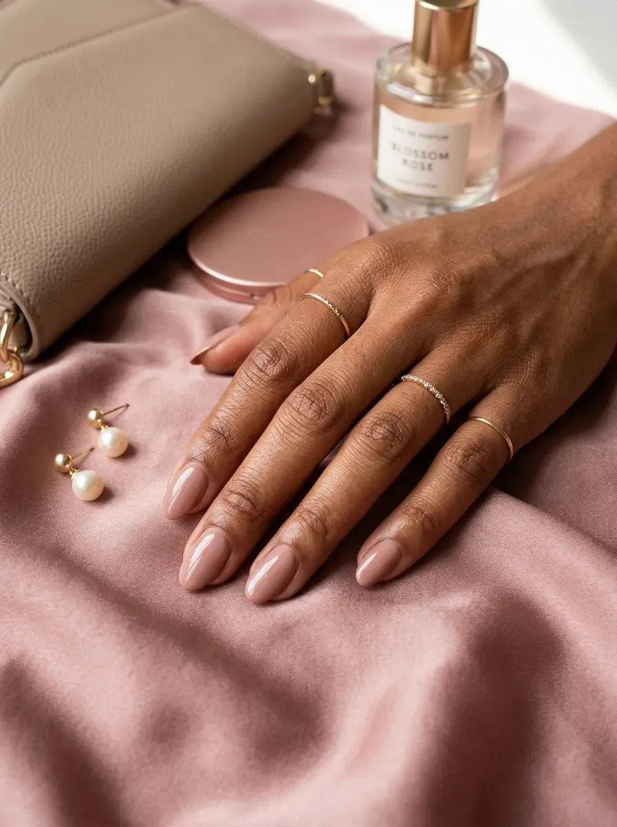 Rose beige French tips on oval nails with warm brown skin
