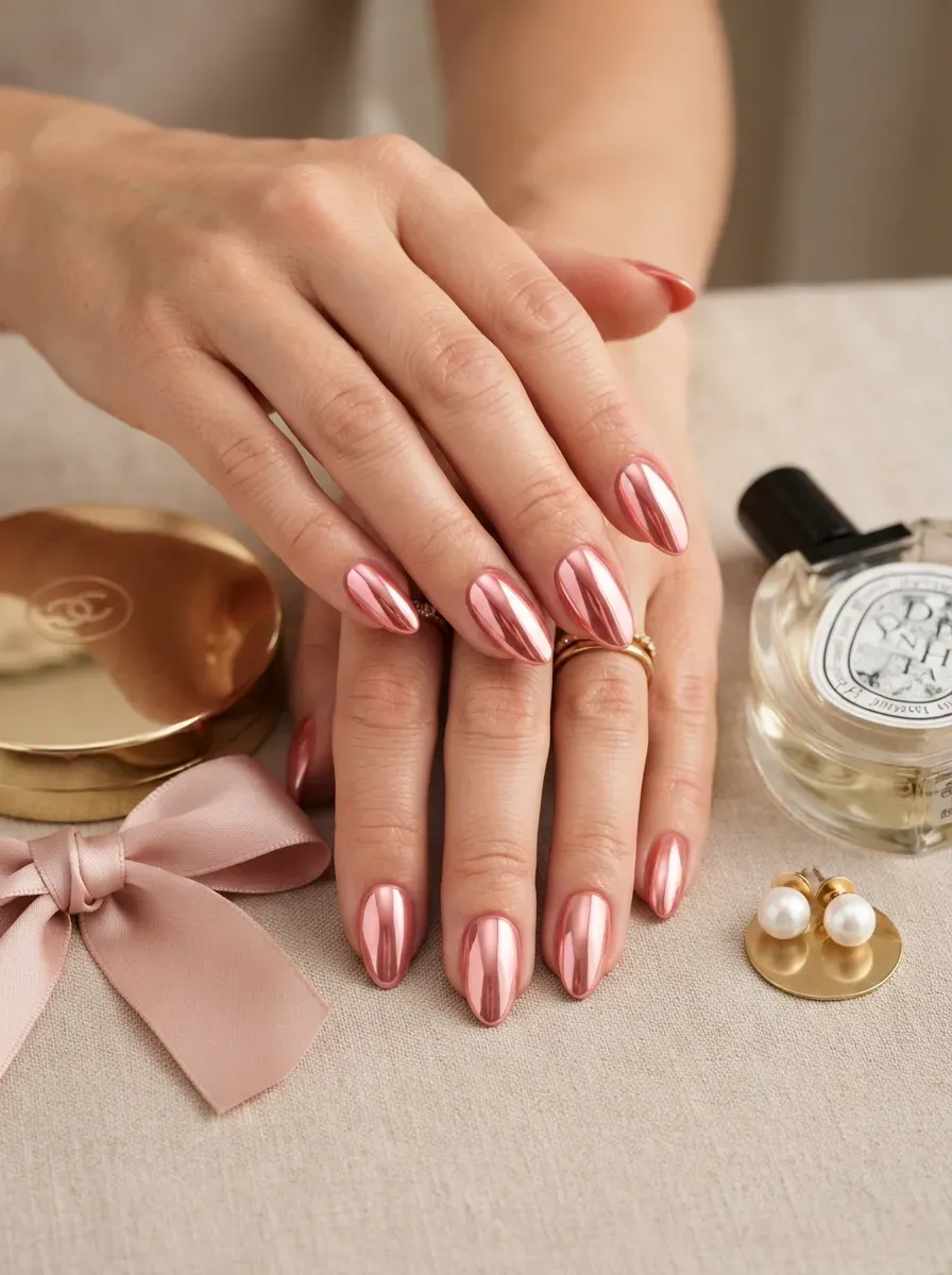 Medium almond nails covered in reflective rose coral chrome