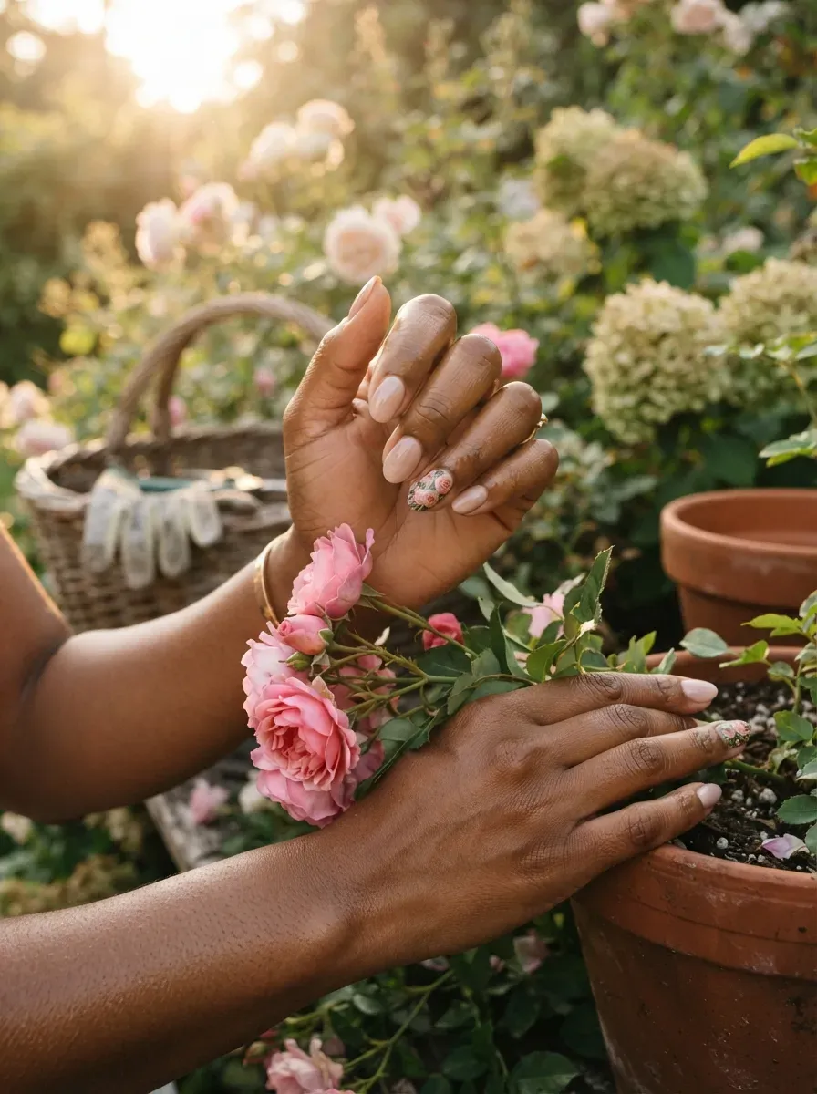 Neutral manicure with densely painted rose garden accents on selected nails