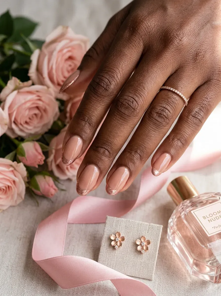 Rose gold French tips on oval nude nails with chestnut skin
