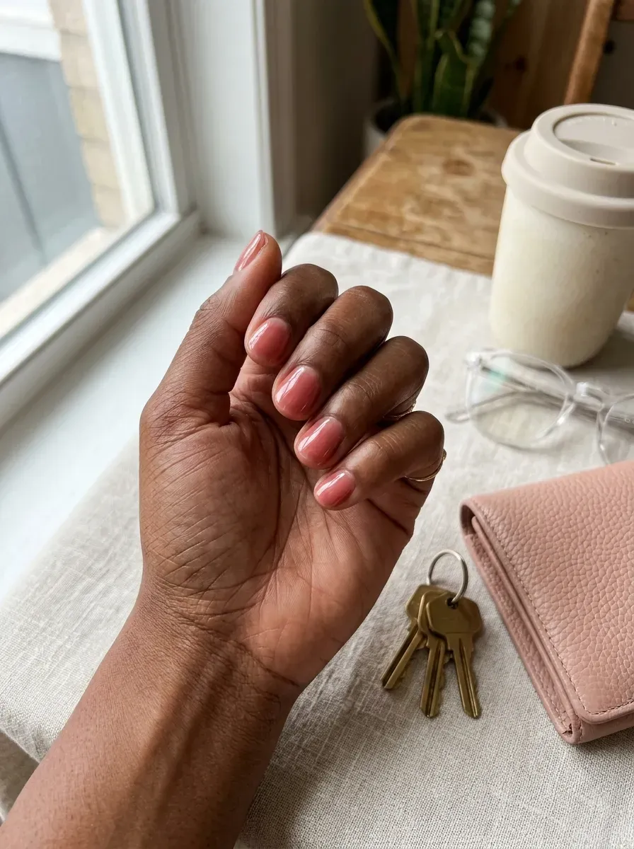 Short rounded nails layered with translucent rose colored jelly polish