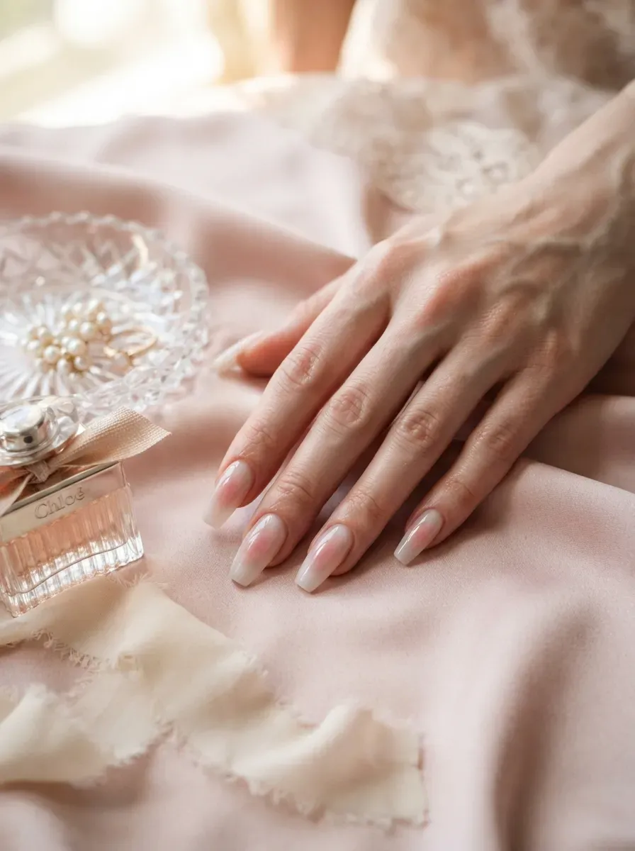 Long coffin nails with blush aura centers and translucent quartz veining