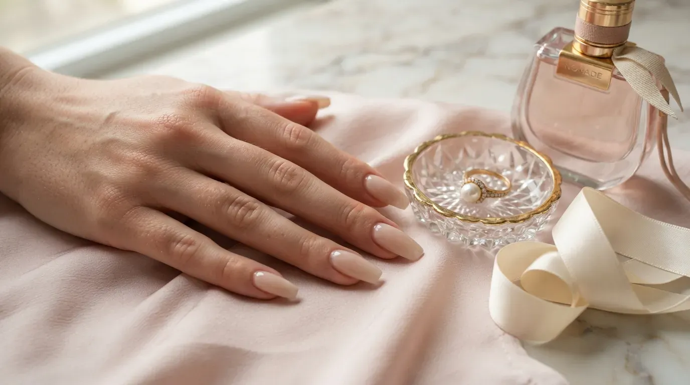 Long coffin nails with translucent blush and white rose quartz marbling