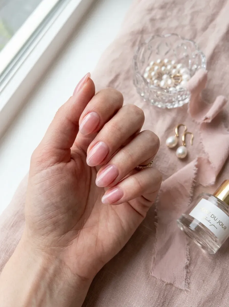Short almond nails with translucent rose quartz pink polish