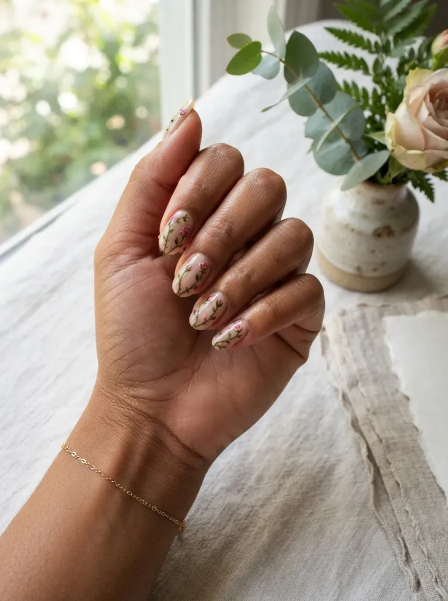 Delicate rose vines painted vertically along sheer nails on warm brown skin