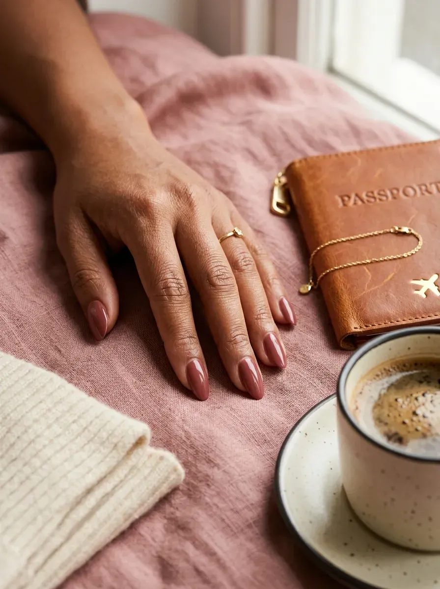 Rosewood oval nails on warm brown skin beside autumn travel accessories