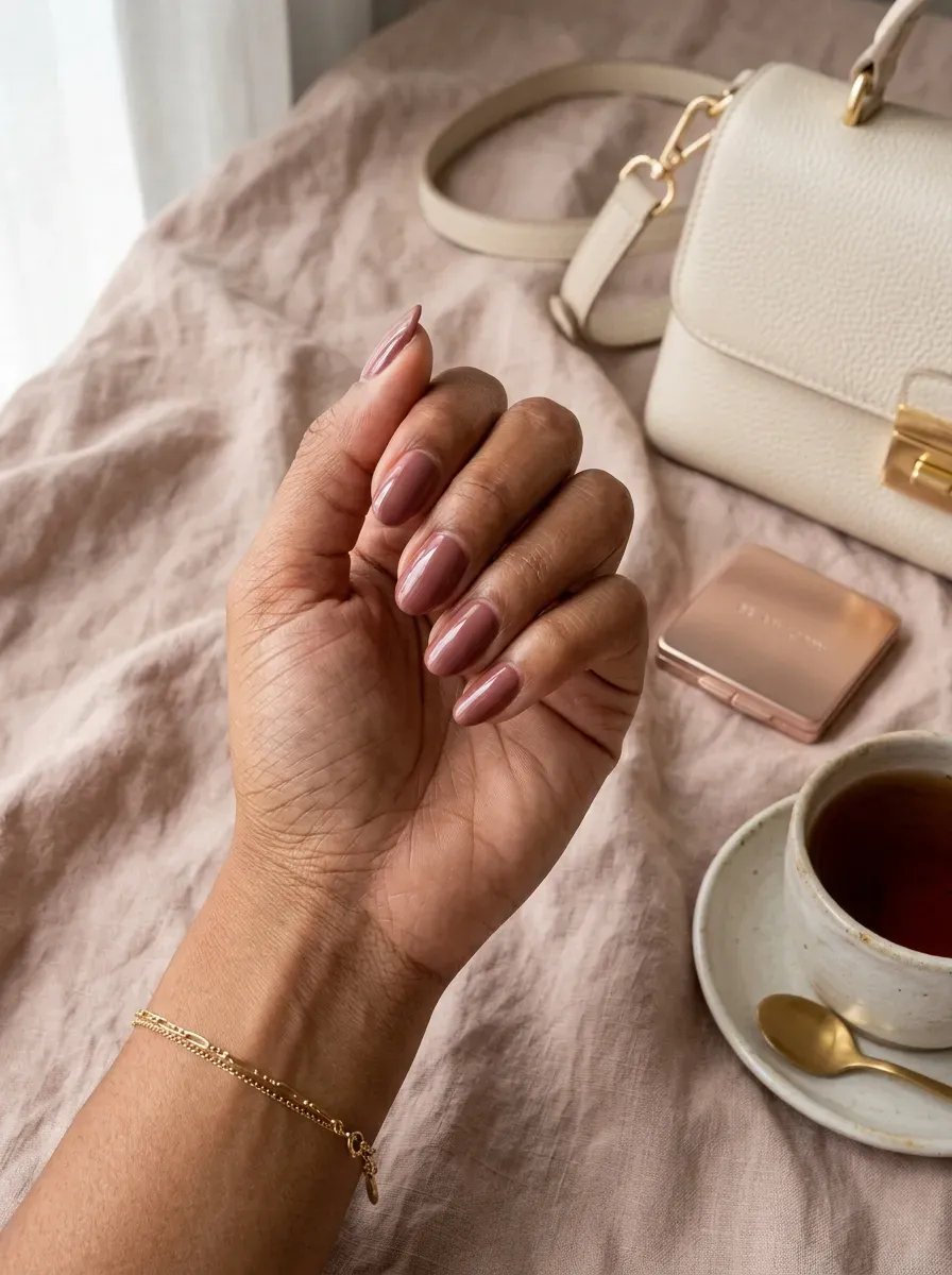 Rosy brown glossy nails on warm brown skin with soft pink accessories