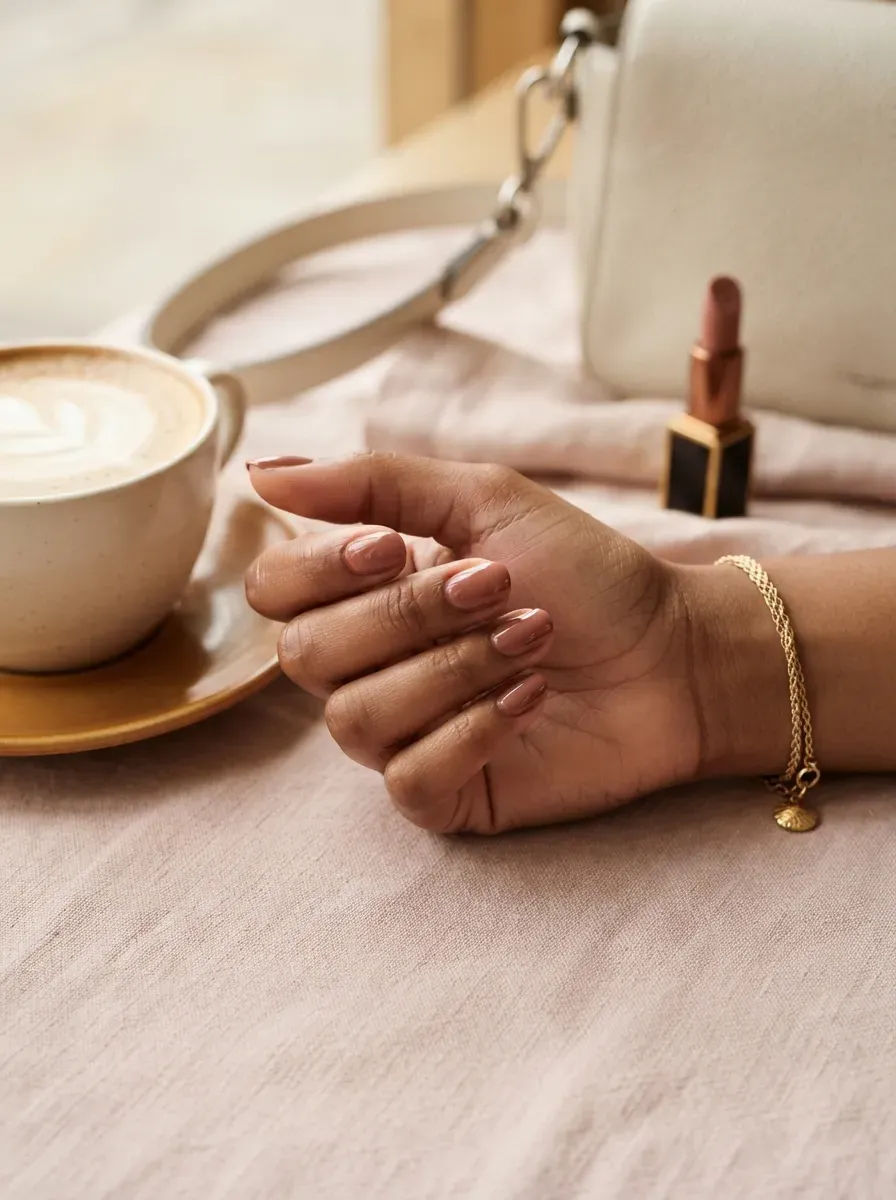 Rosy brown glossy nails on warm brown skin with soft neutral accessories