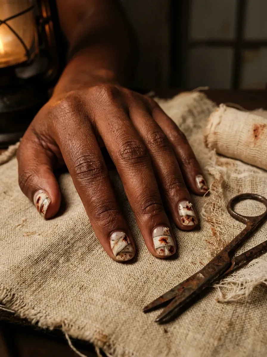 Close-up of off-white bandage wrap nail art with rust stains on deep chestnut skin