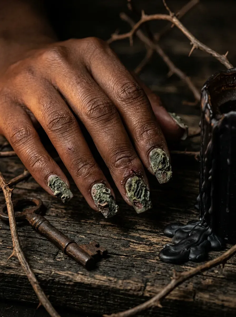 Close-up of textured grey-green rotting flesh nail art on deep brown skin