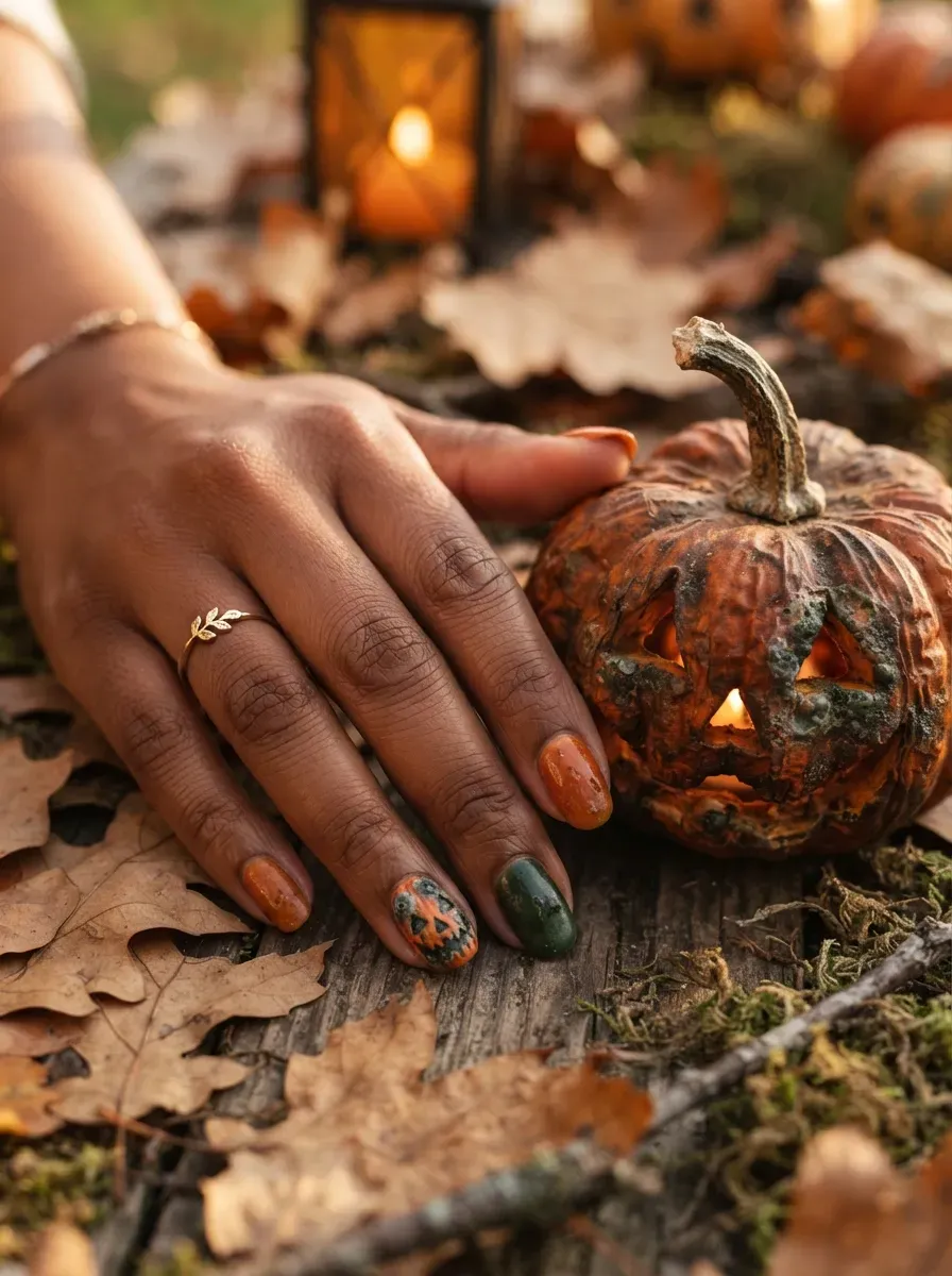 Close-up of a decayed jack-o-lantern nail accent on warm brown skin