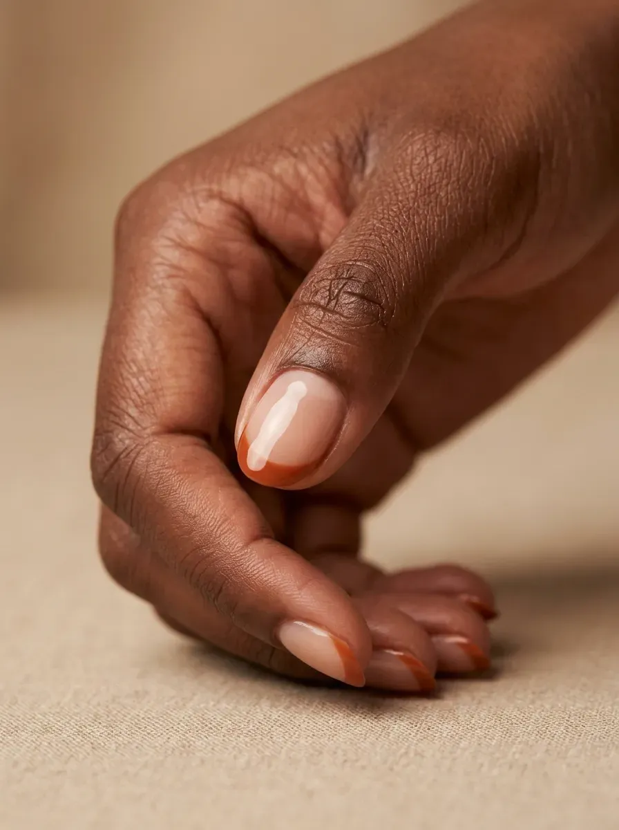 Round-shaped nails with a soft burnt orange French tip