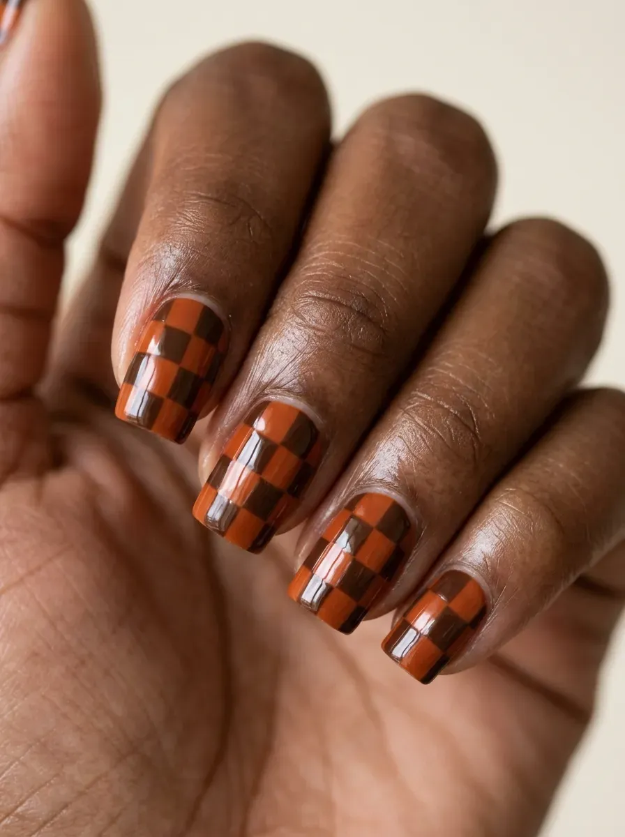 Medium square nails with rust orange and chocolate checkerboard gel design
