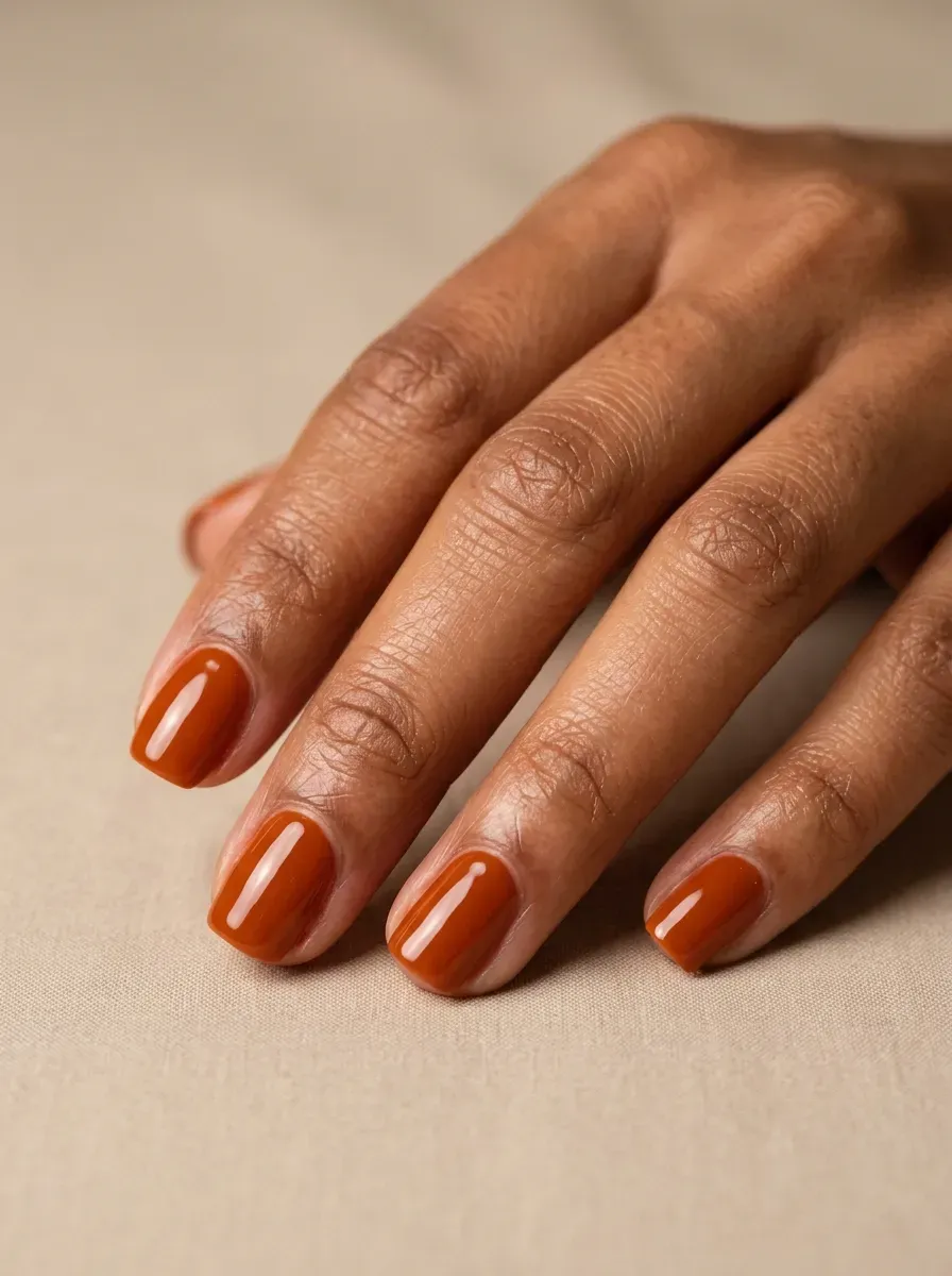Short squoval nails with rich rust orange gel polish on brown warm undertones