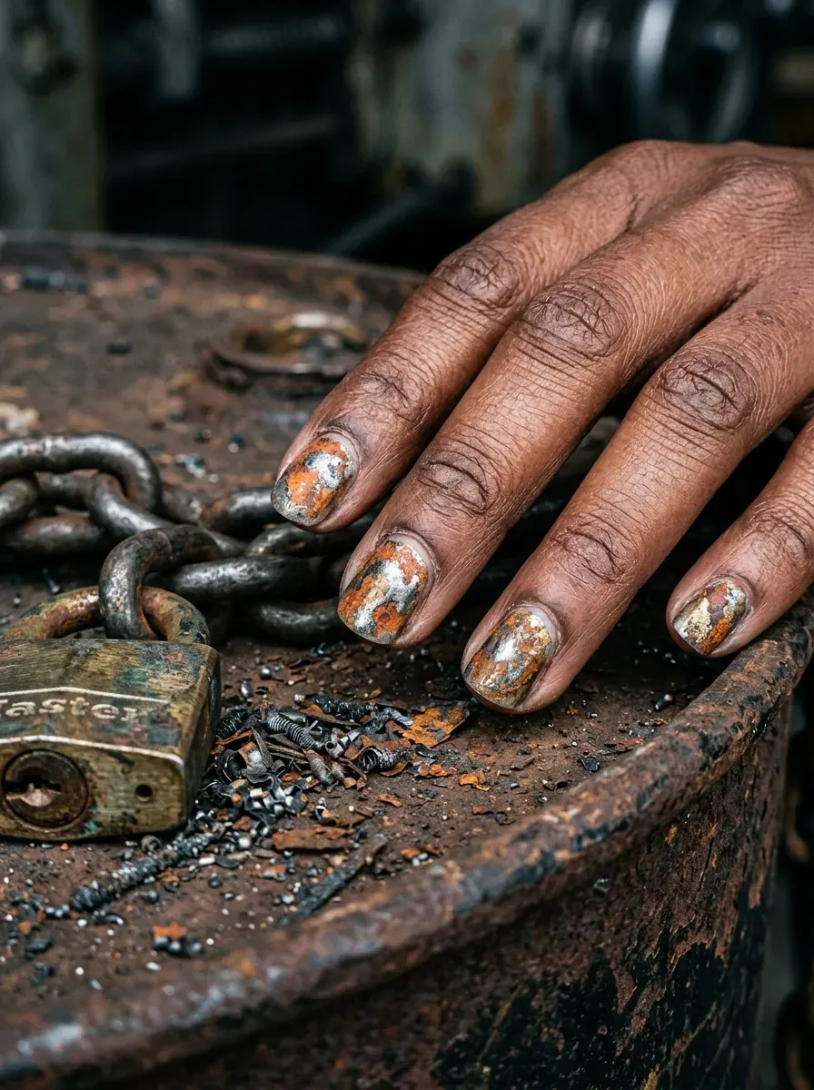 Close-up of patchy rust-orange corroded chrome nail polish on deep chestnut skin