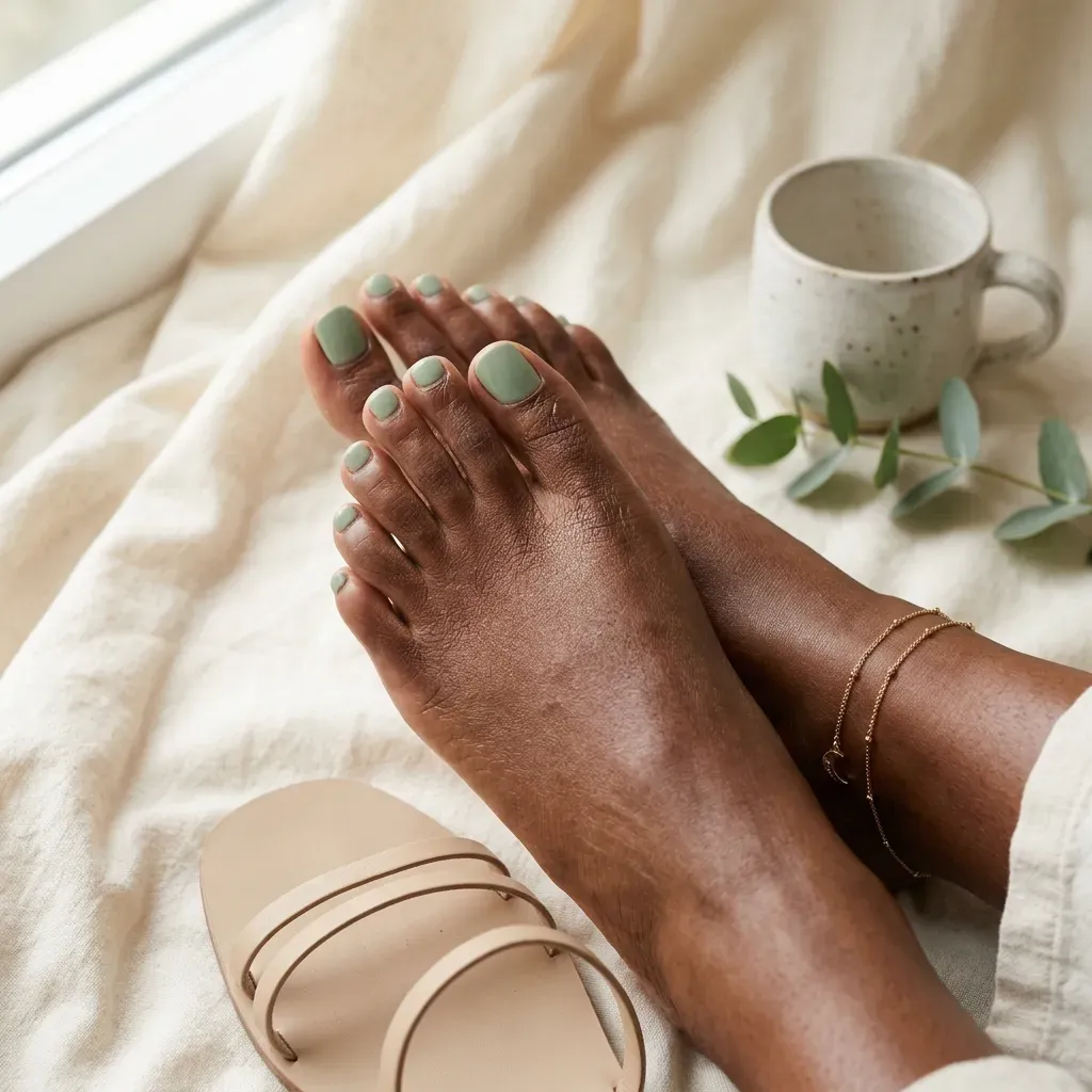 Soft sage green toenails on deep chestnut skin with neutral styling