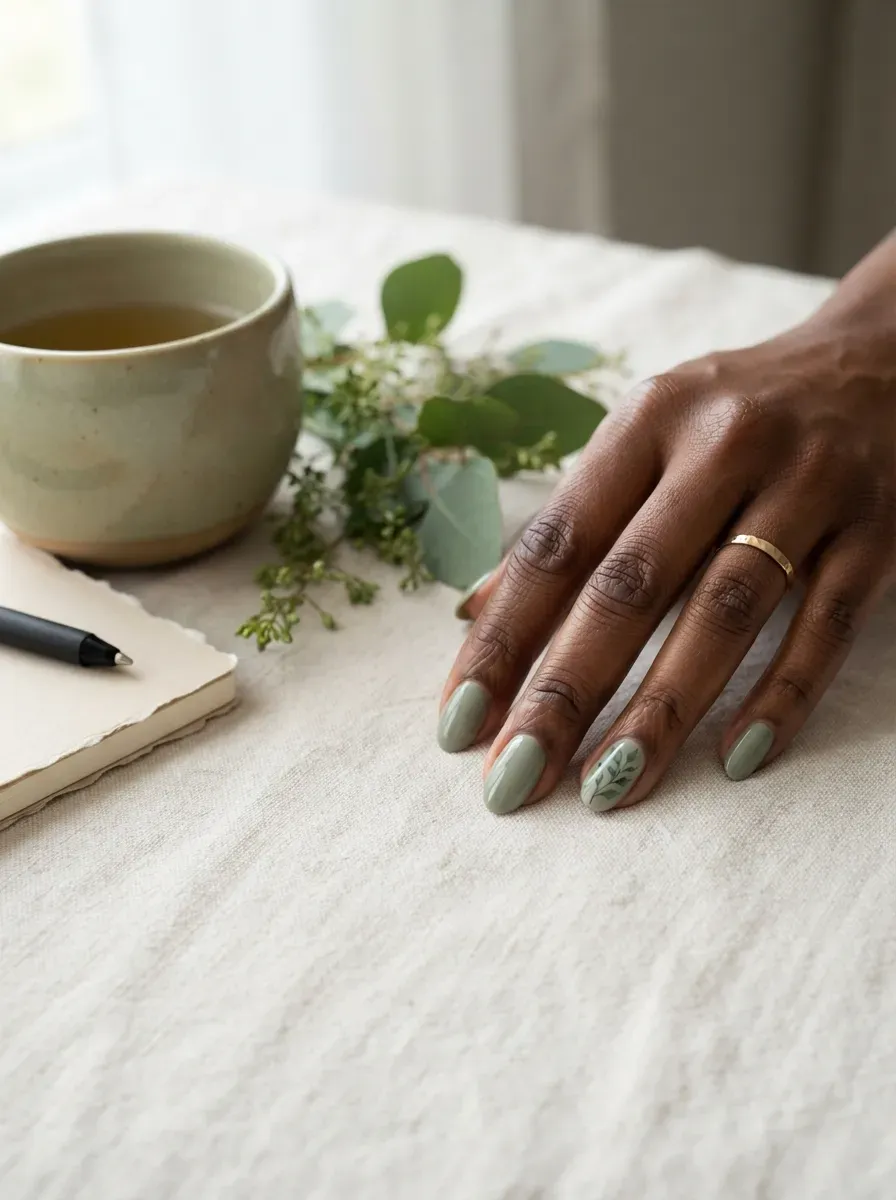 Sage green deep French tips on oval nails over deep brown skin