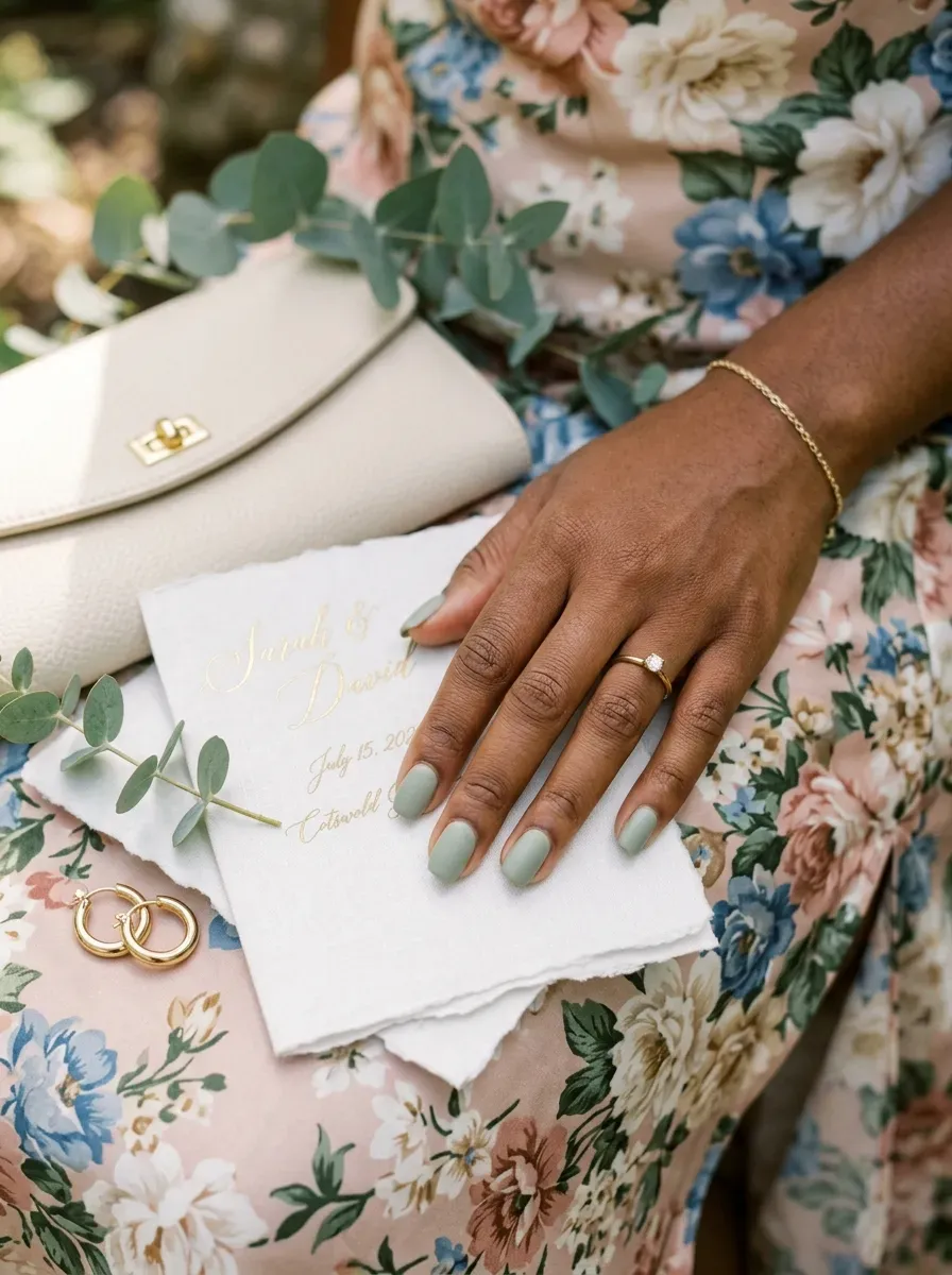Soft sage green short nails on warm brown skin with floral wedding accessories