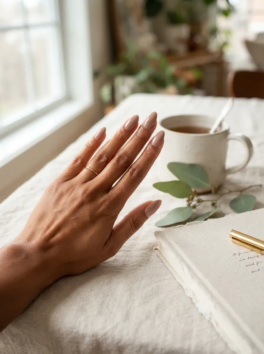 Muted sage green French tips on almond nails resting on warm brown skin