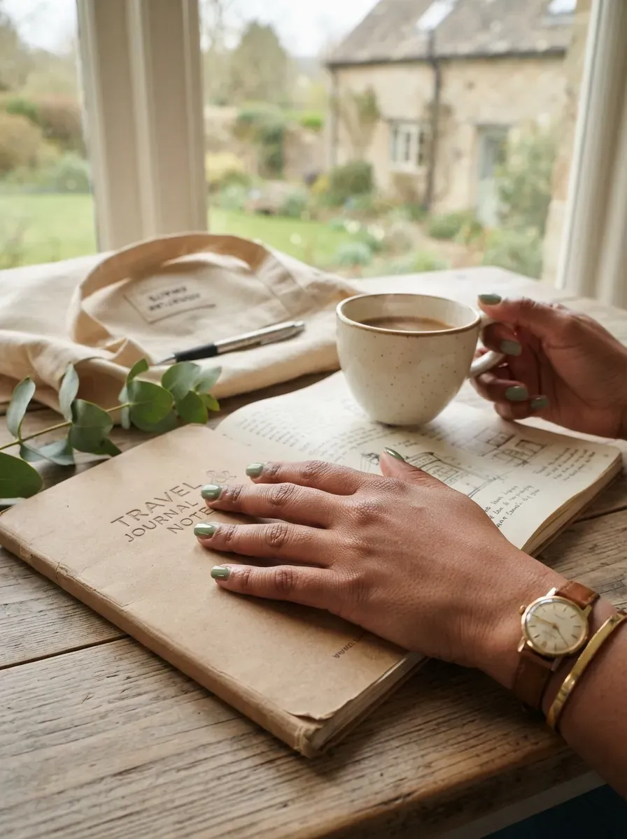 Short sage green nails on warm brown skin beside countryside travel accessories