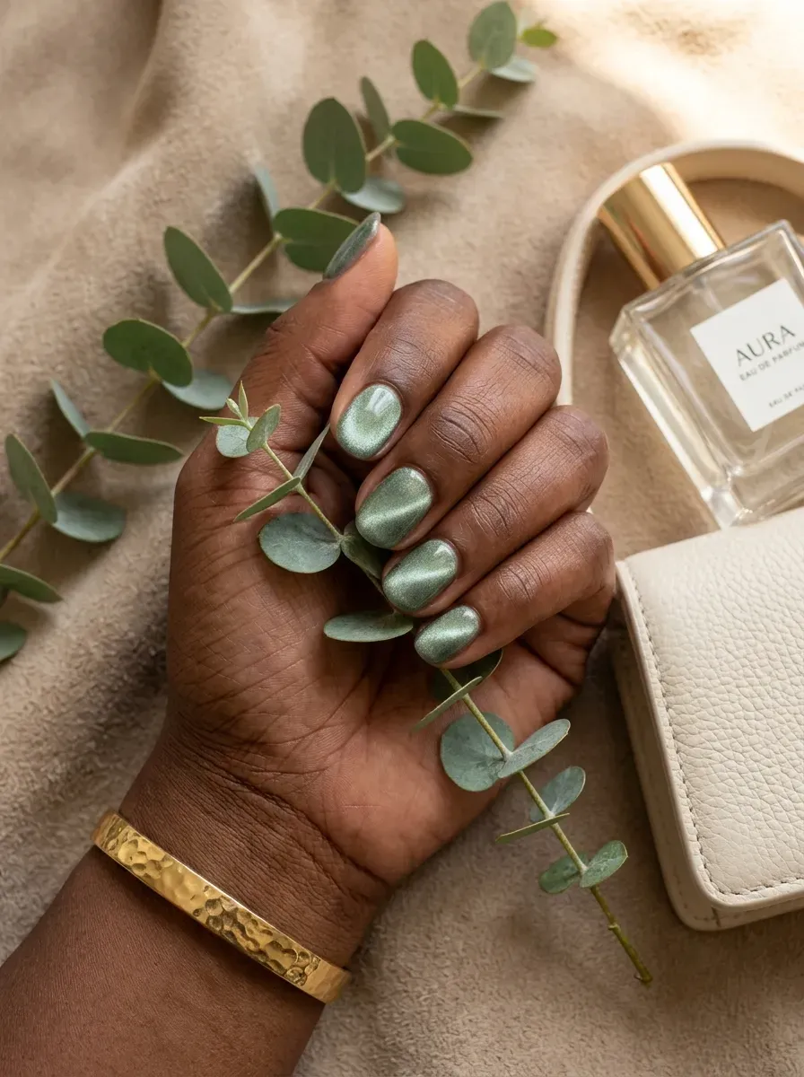 Short sage velvet cat-eye nails glowing softly on deep brown skin