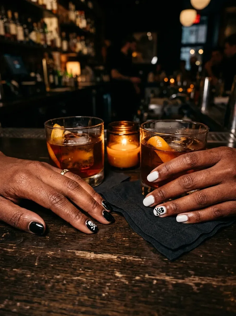 Two hands each with a small hand painted skull and crossbones accent in opposite color schemes on rich dark skin tone and deep chestnut skin