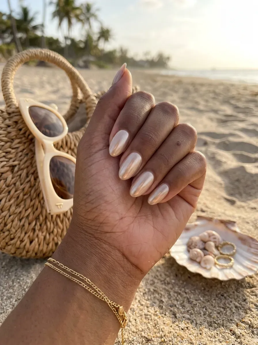Beige chrome oval nails with warm reflective finish on brown skin