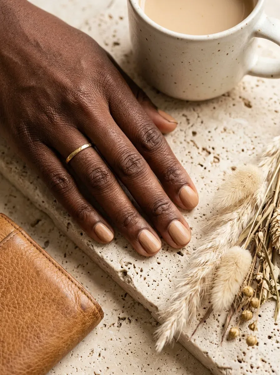 Sandstone beige cream nails on rich dark skin with natural stone styling
