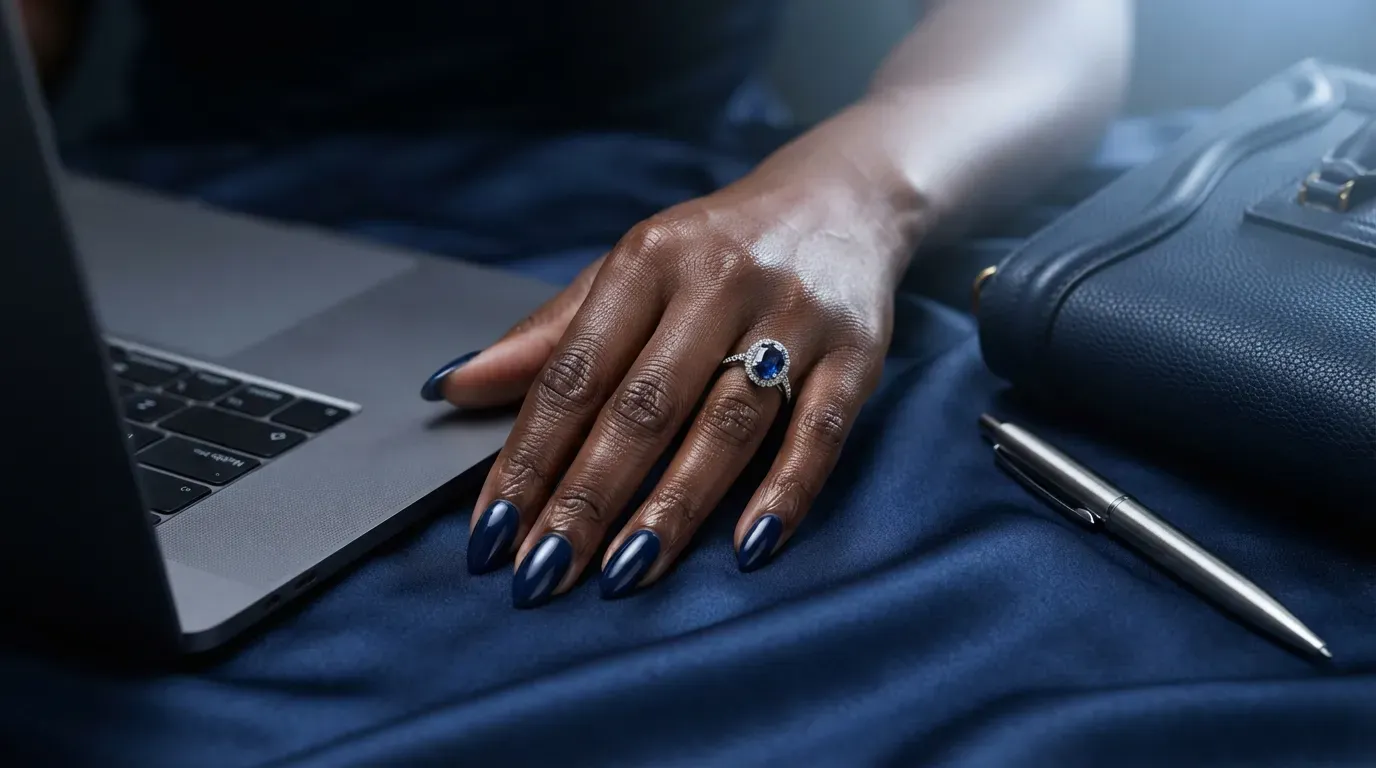 Long almond nails covered in reflective sapphire blue chrome polish